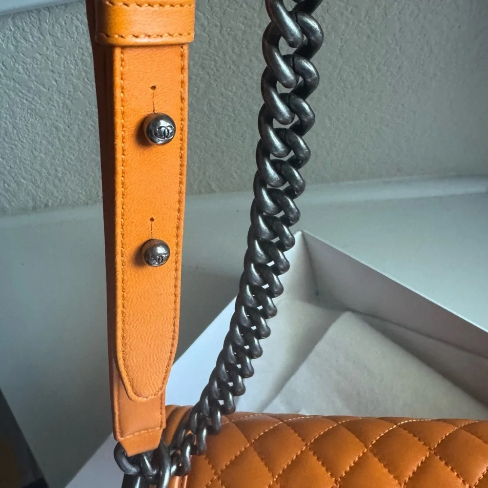 CHANEL Orange Quilted Leather Boy Crossbody Shoulder Boy Bag (Brand New)